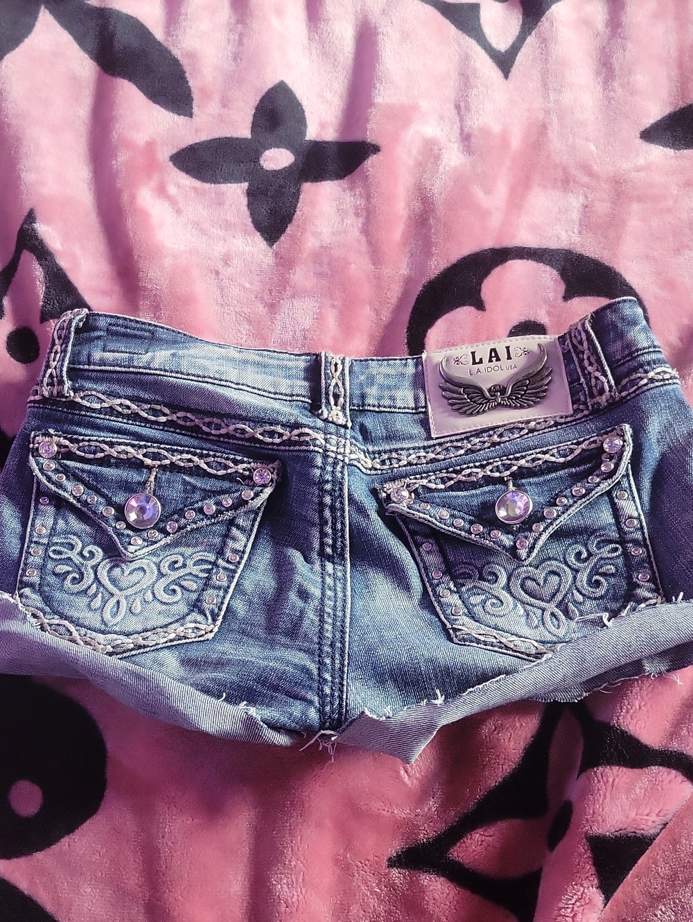 L.A. idol Embellished Light Blue Denim Jean Shorts